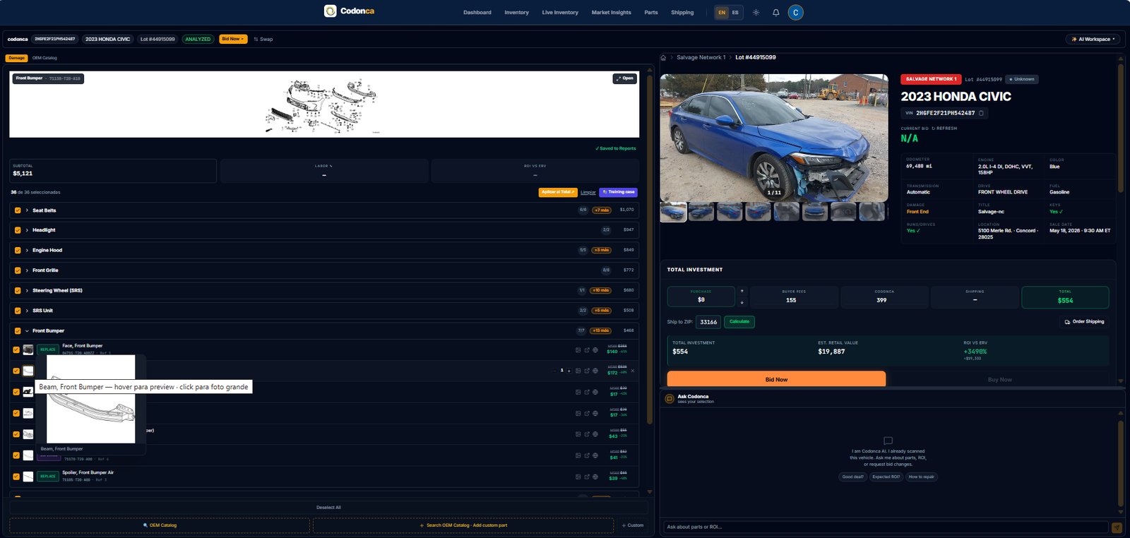 AI Workspace — Instant damage assessment with OEM parts mapping on every lot.