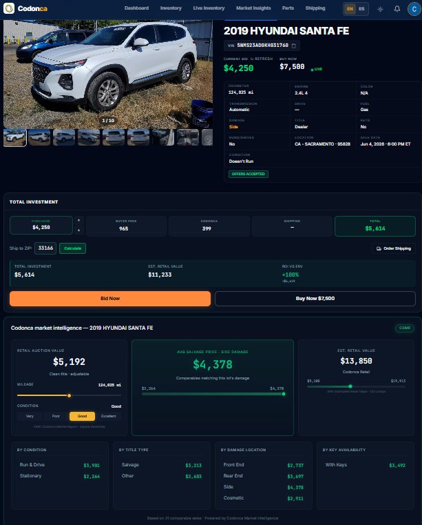 Financial Calculator — ROI, repair cost and real salvage-market value, side by side.