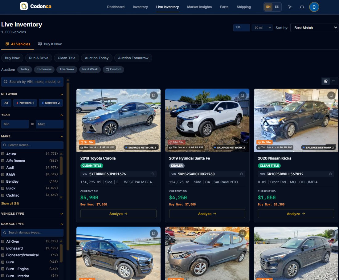 Live Auctions — 975K+ active vehicles with real-time market intelligence.