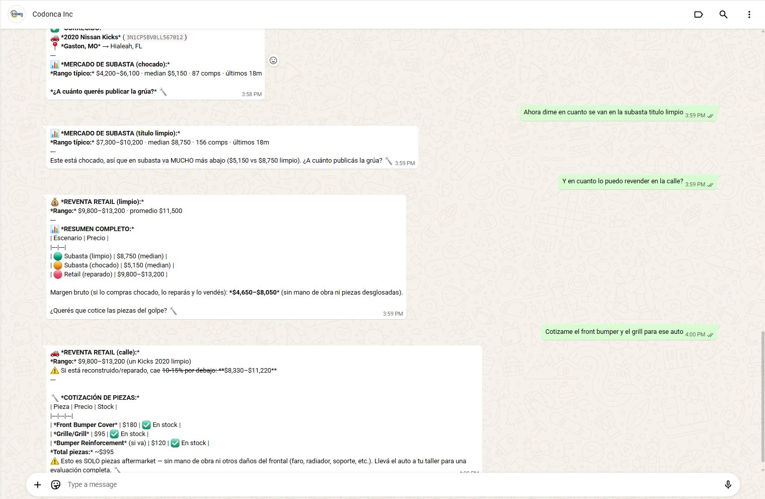WhatsApp Copilot — Quote parts, tows and bid advice — right inside your chat.